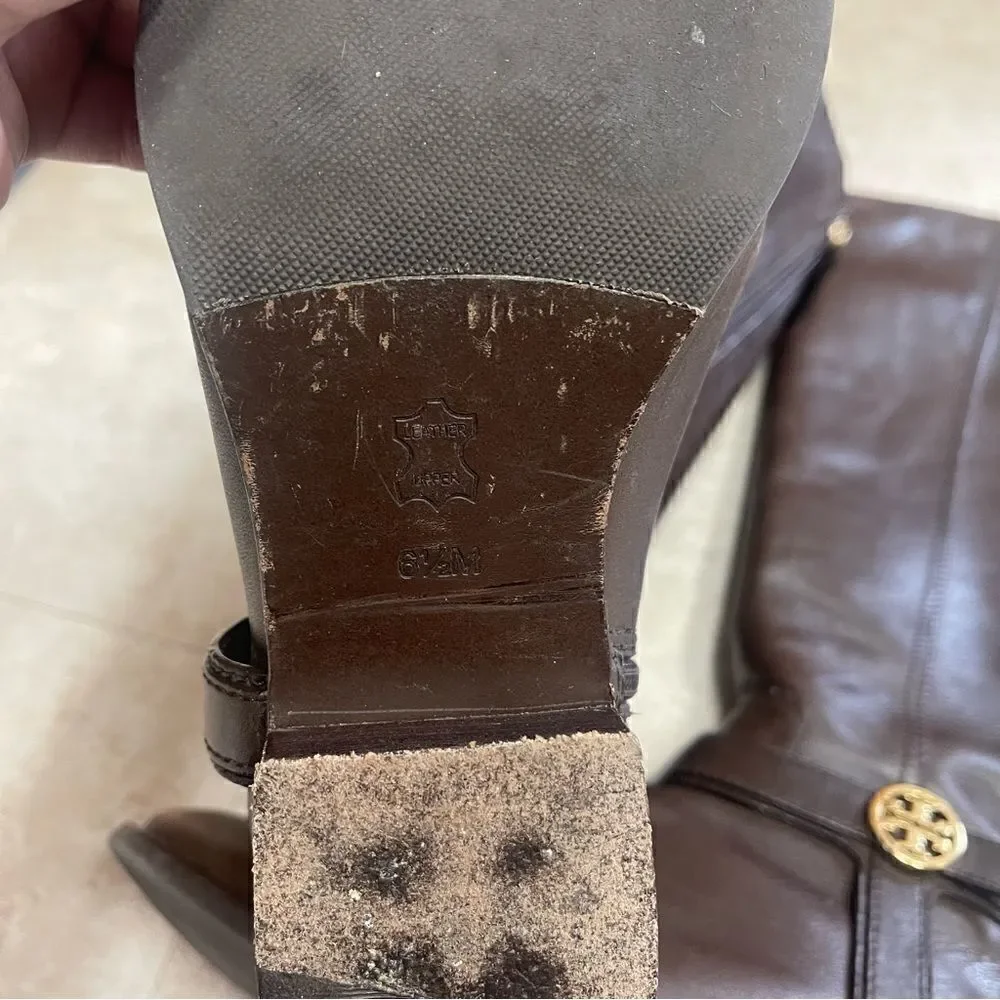 Tory Burch- Brown Bristol Leather Riding Boot with Gold Hardware, Sz 6.5
